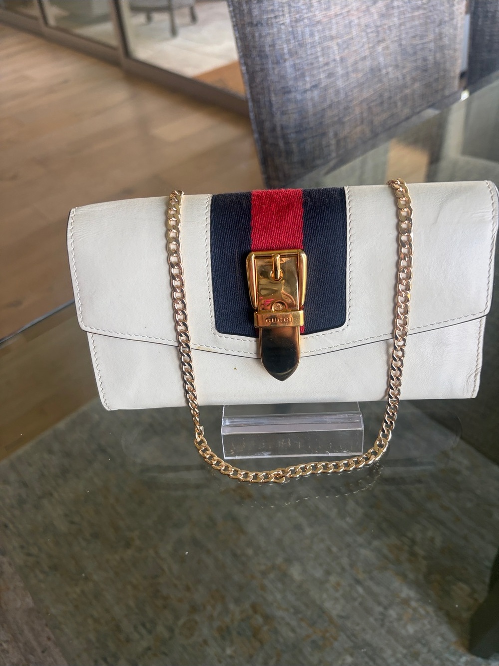 Gucci White Crossbody with Red & Navy Web Stripe